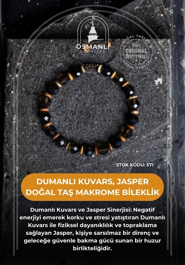 Sertifikalı Dumanlı Kuvars, Jasper Doğal Taş Makrome Bileklik (SK:571)