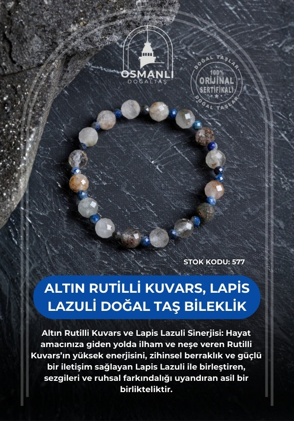 Sertifikalı Altın Rutilli Kuvars, Lapis Lazuli Doğal Taş Bileklik (SK:577)