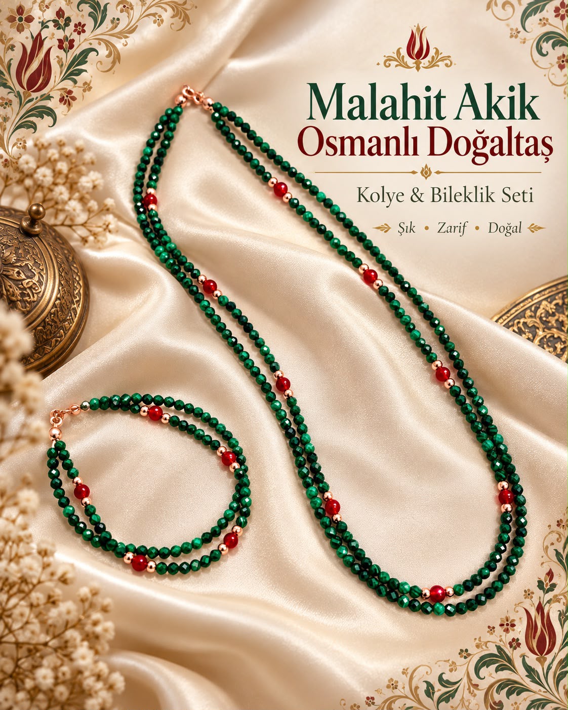 Malahit & Akik Doğaltaş Kolye Bileklik Set