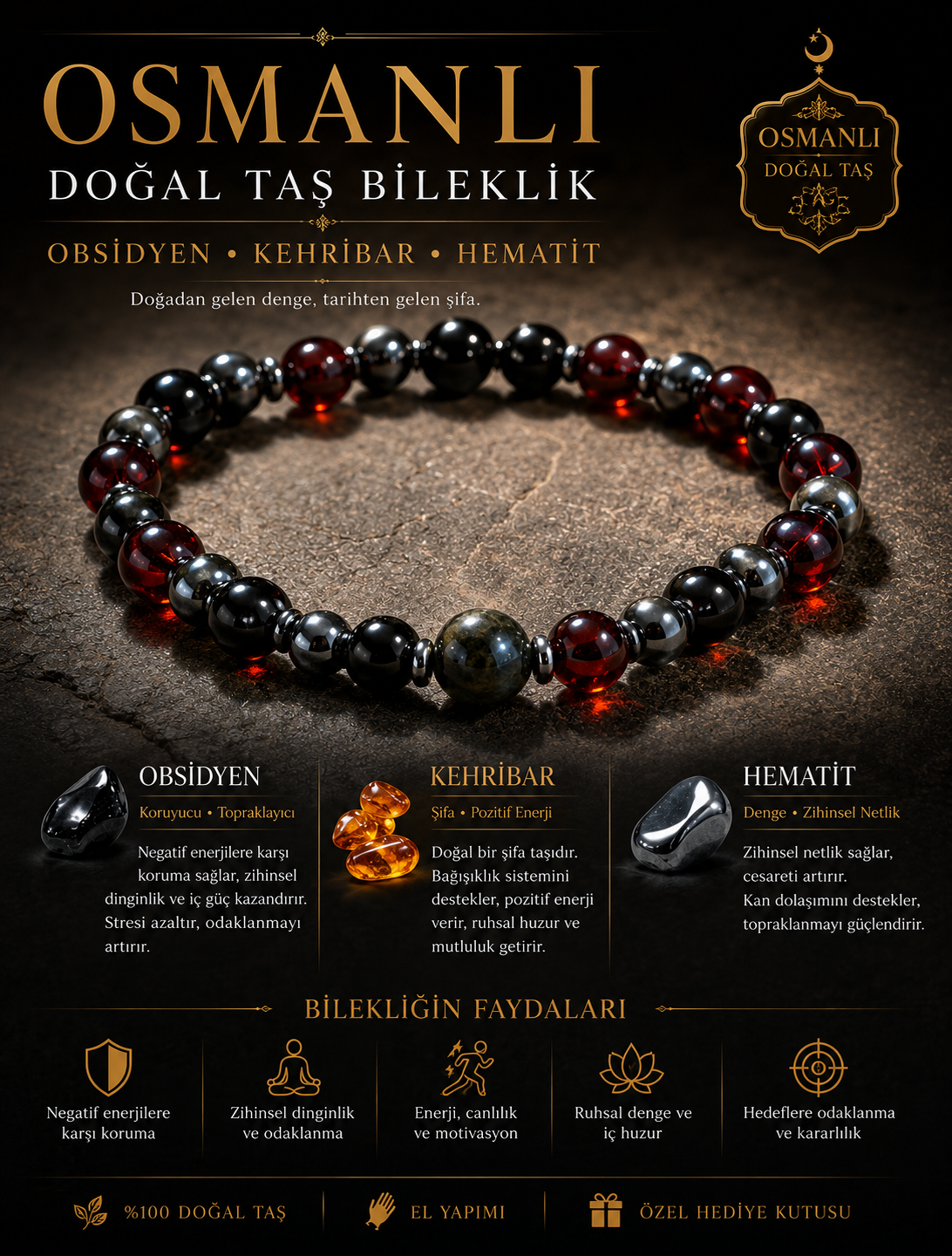Obsidyen Kehribar Hematit Erkek Bileklik