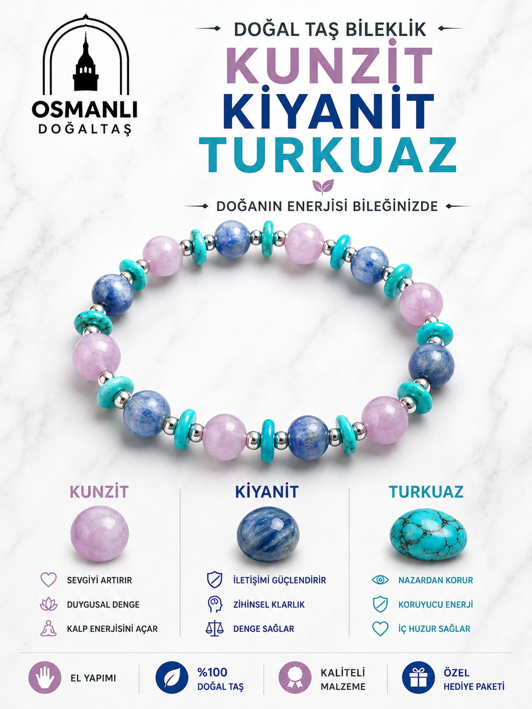 Kunzit Kiyanit Turkuaz Bileklik