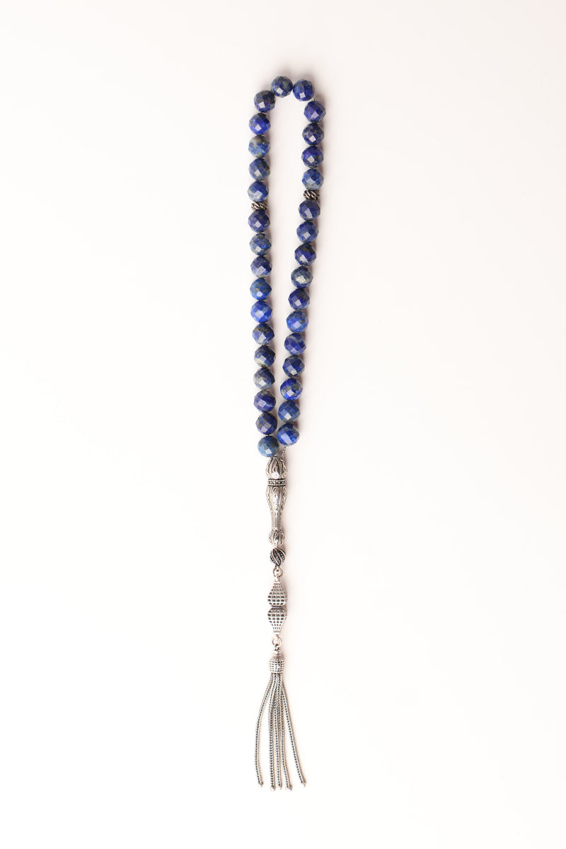 Lapis Lazuli Doğal Taş 925 Ayar Gümüş Püsküllü Tesbih 8 mm Faset Kesim