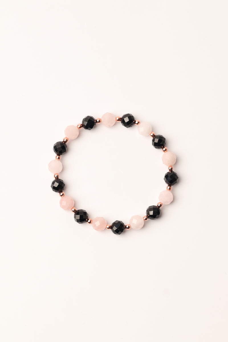 Pembe Kuvars - Turmalin Doğal Taş Bileklik Faset Kesim 8 mm