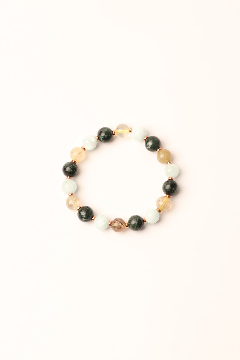 Altın Rutilli Kuvars - Serpantin - Larimar - Hematit Doğal Taş Bileklik 8 mm