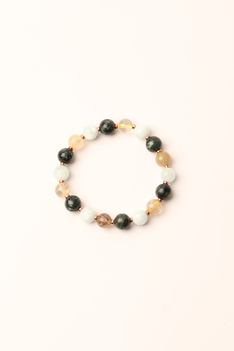 Altın Rutilli Kuvars - Serpantin - Larimar - Hematit Doğal Taş Bileklik 8 mm