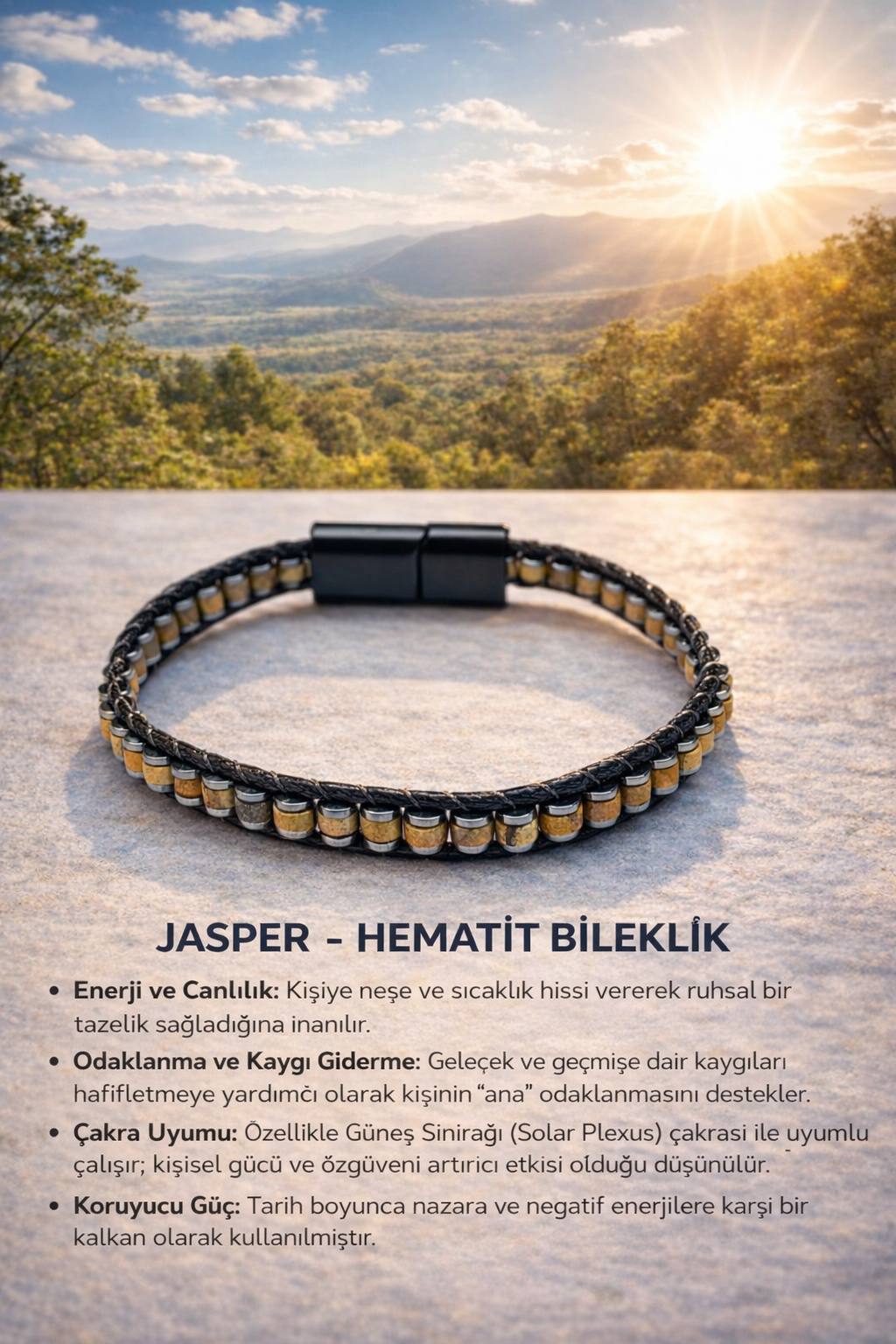 Sertifikalı Jasper Özel Tasarım Deri Doğal Taş Bileklik (SK:395)