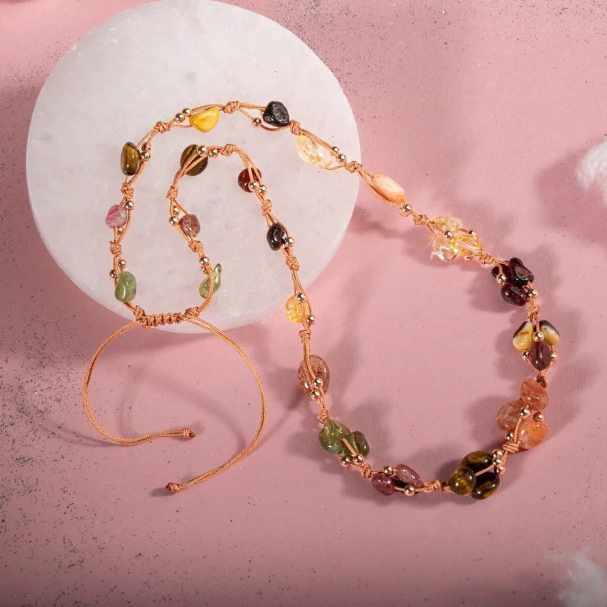 Aslan Burcu Kolye Bordo Granat Lal, Güneş Taşı, Jasper, Kaplan Gözü, Kehribar, Renkli Turmalin, Sitrin