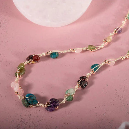 Başak Burcu Kolye Ametist, Bordo Granat Lal, Jasper, Mavi Apatit, Pembe Kuvars, Yeşil Aventurin, Zebercet (Peridot)
