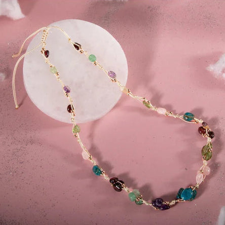 Başak Burcu Kolye Ametist, Bordo Granat Lal, Jasper, Mavi Apatit, Pembe Kuvars, Yeşil Aventurin, Zebercet (Peridot)