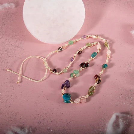 Başak Burcu Kolye Ametist, Bordo Granat Lal, Jasper, Mavi Apatit, Pembe Kuvars, Yeşil Aventurin, Zebercet (Peridot)