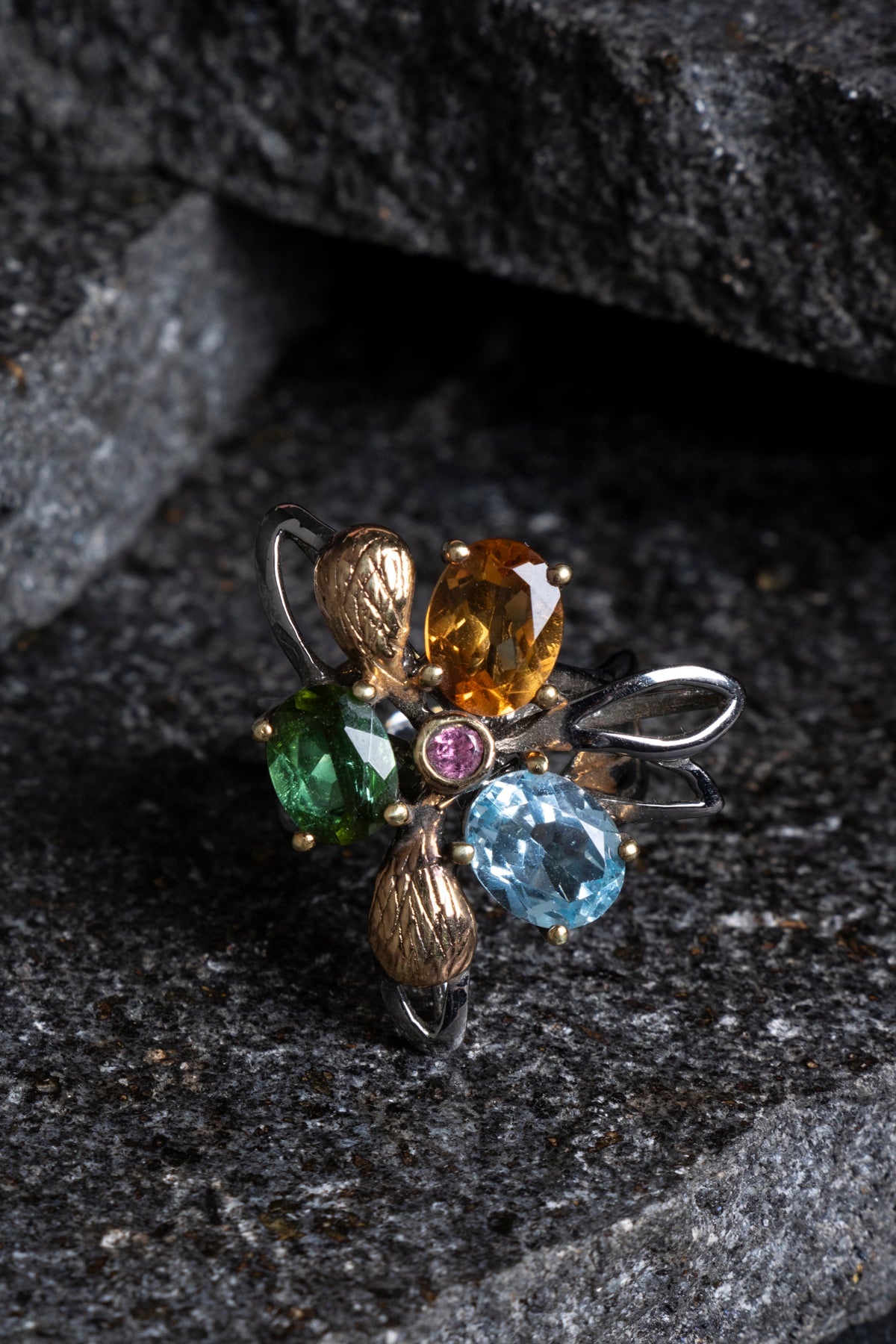 Sertifikalı İridyumlu Zebercet, Akuamarin, Sitrin, Turmalin Gümüş Özel Tasarım Yüzük