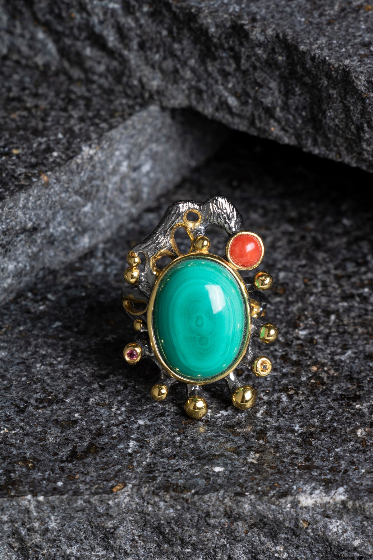 Sertifikalı İridyumlu Malahit, Mercan Özel Tasarım Gümüş Yüzük (SK:002)