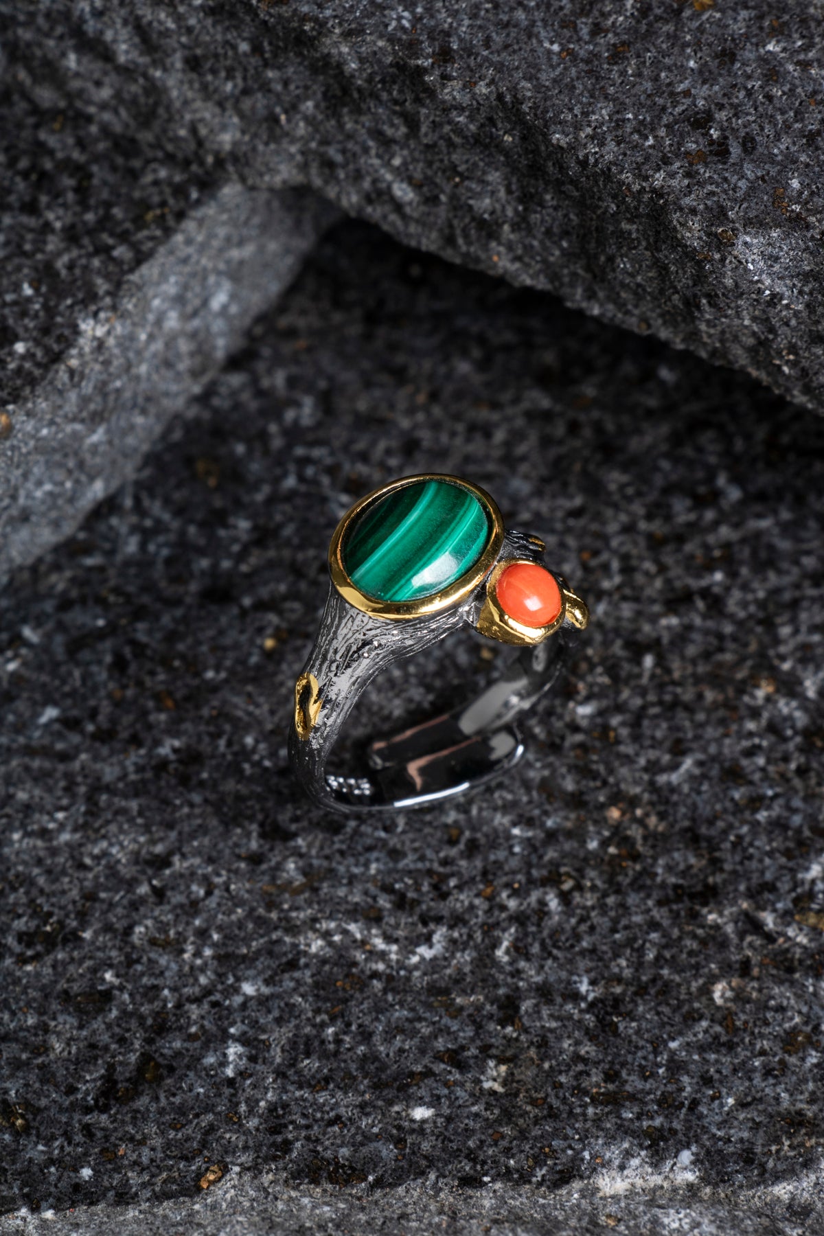 Sertifikalı İridyumlu Mercan, Malahit Özel Tasarım Gümüş Yüzük (SK:003)