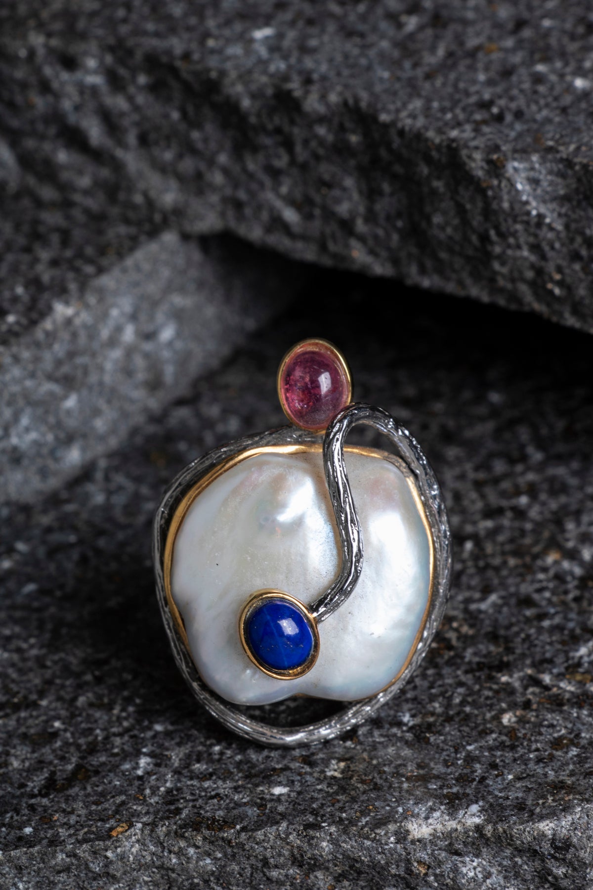 Sertifikalı İridyumlu İnci, Turmalin, Lapis Lazuli Özel Tasarım Gümüş Yüzük (SK:006)