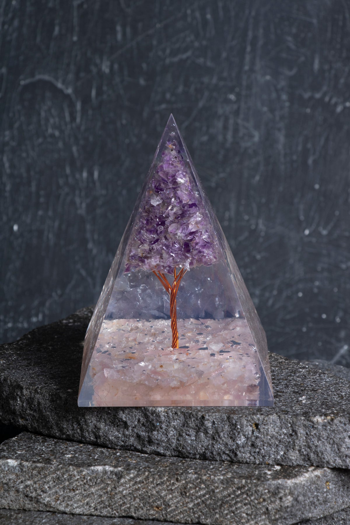 Sertifikalı Pembe Kuvars & Ametist Ağaçlı Piramit