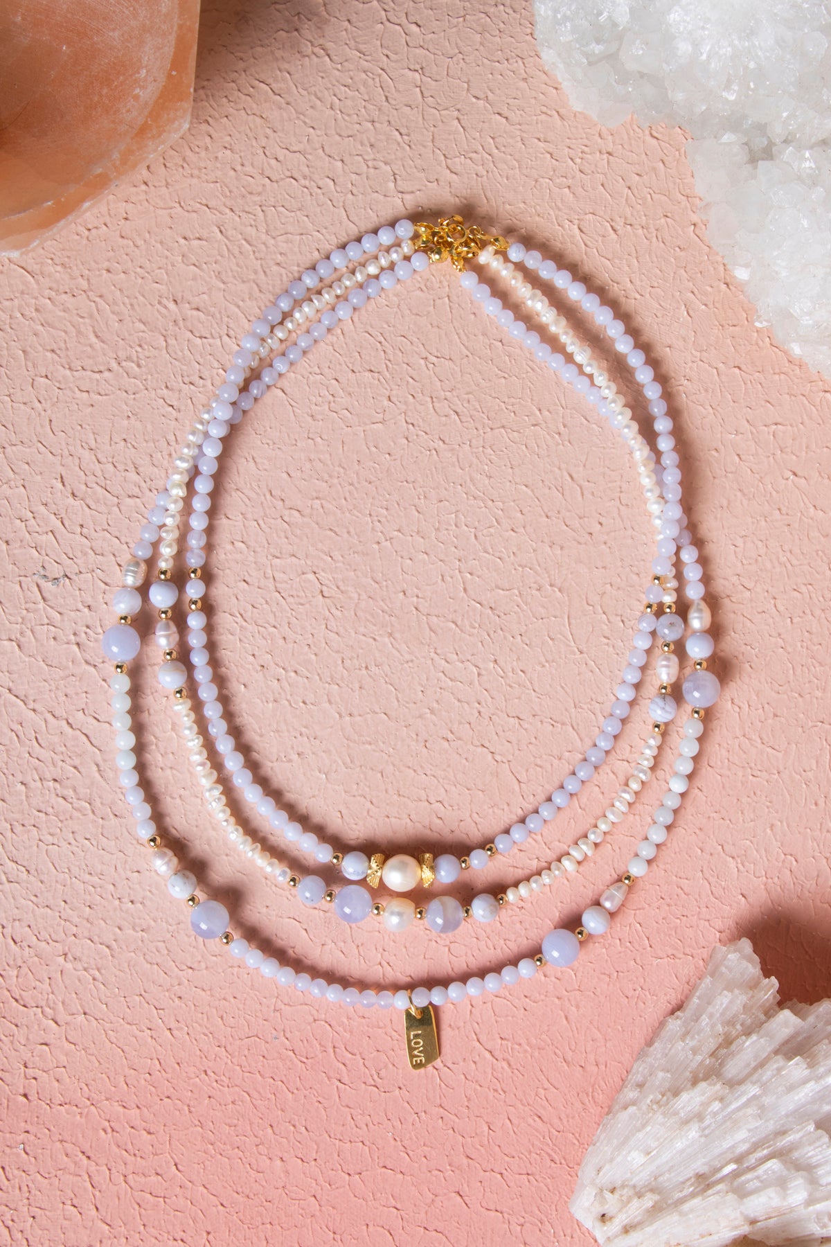 Sertifikalı Aşk Kolyesi  İnci, Kalsedon, Mavi Akik, Hematit Gümüş Aparatlı Doğal Taş Kolye (SK:016)