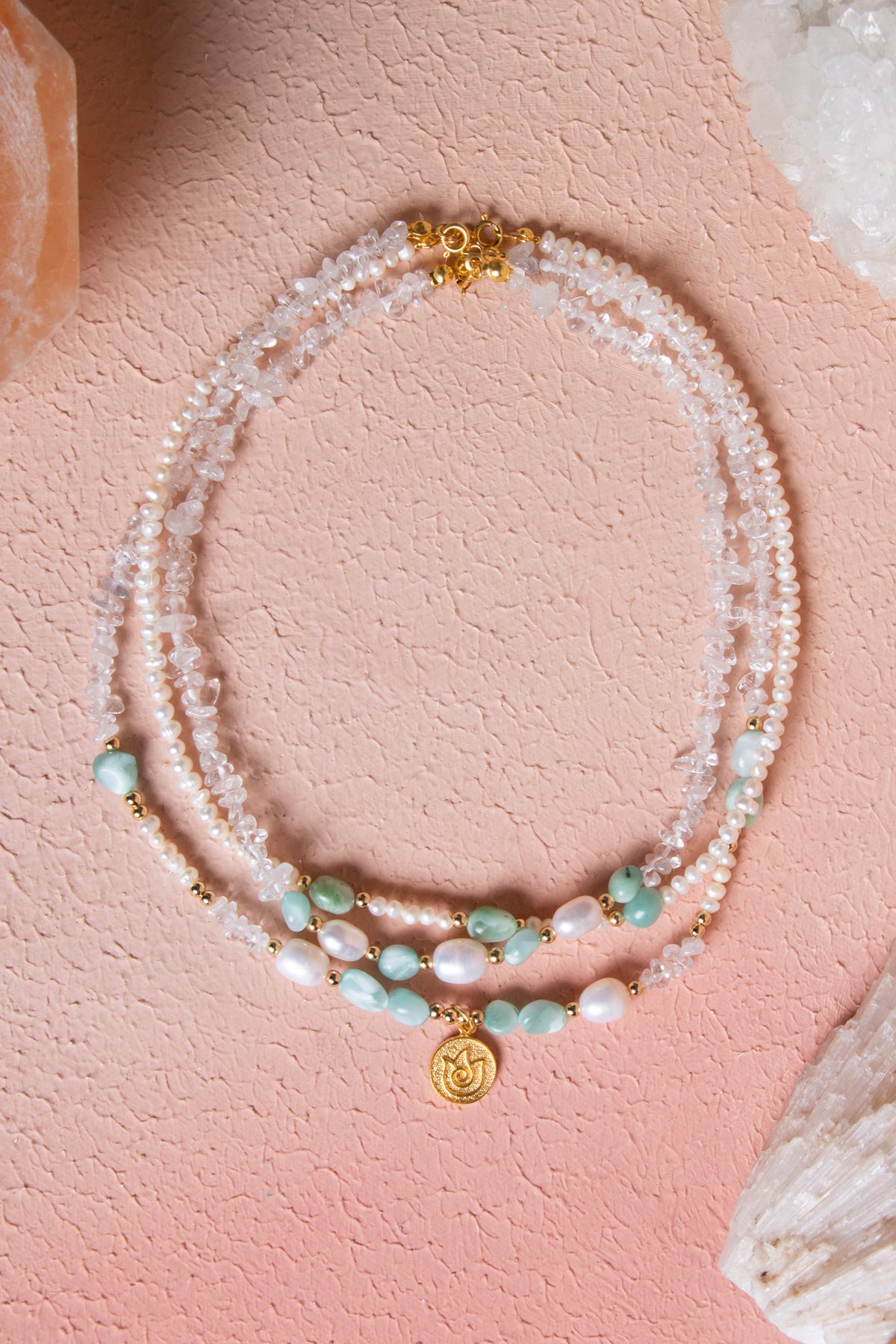 Sertifikalı İnci, Yeşil Larimar, Hematit  Gümüş Lale Aparatlı Doğal Taş Kolye (SK:017)