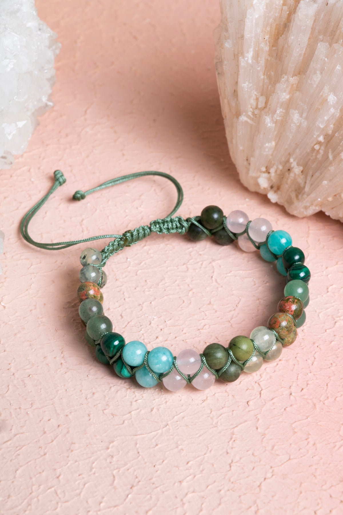 Sertifikalı Kalp Çakrası Çift Sıra Doğal Taş Makrome Bileklik