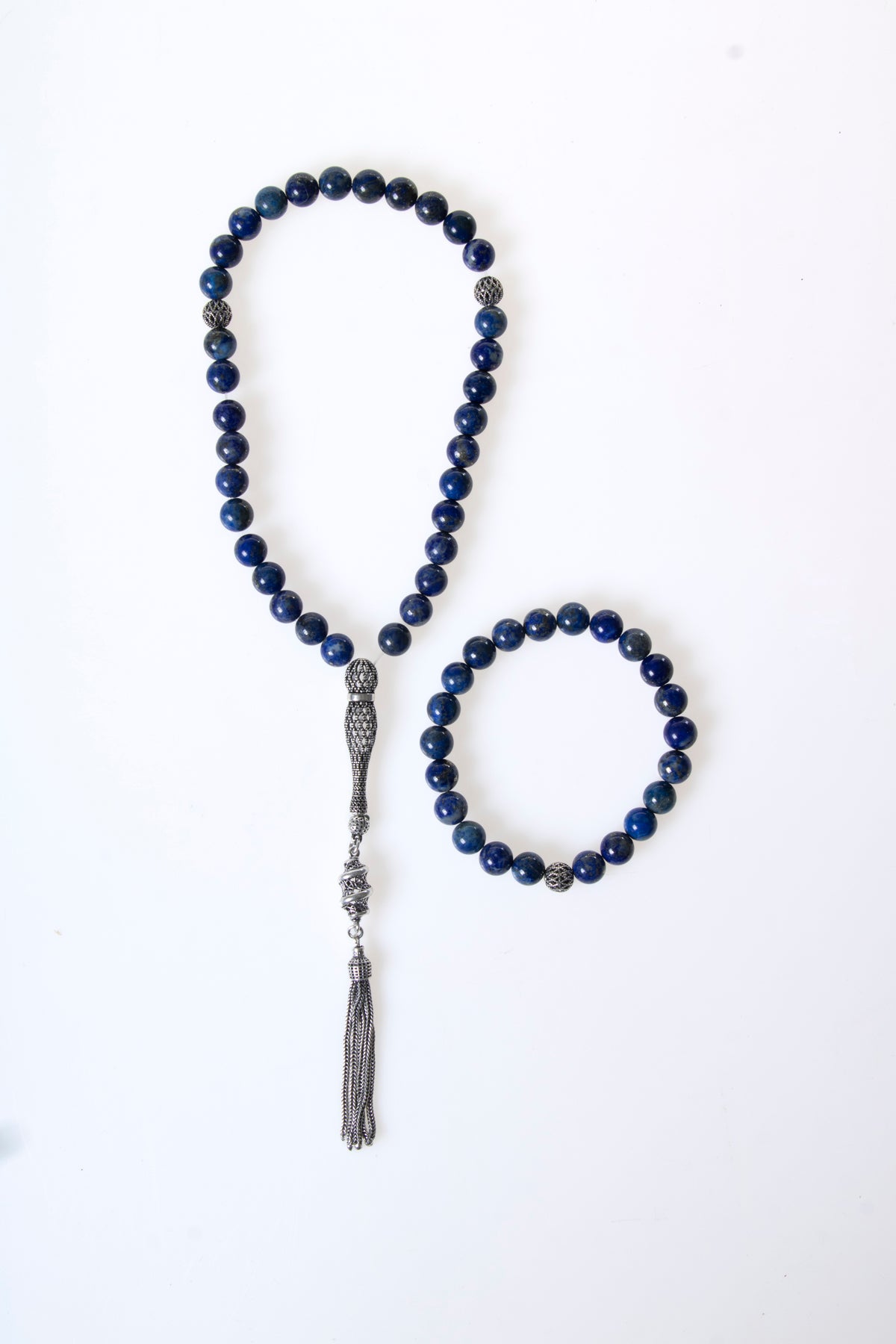 Sertifikalı Lapis Lazuli 925 Ayar Gümüş 8 mm İmameli Tesbih & Bileklik Seti