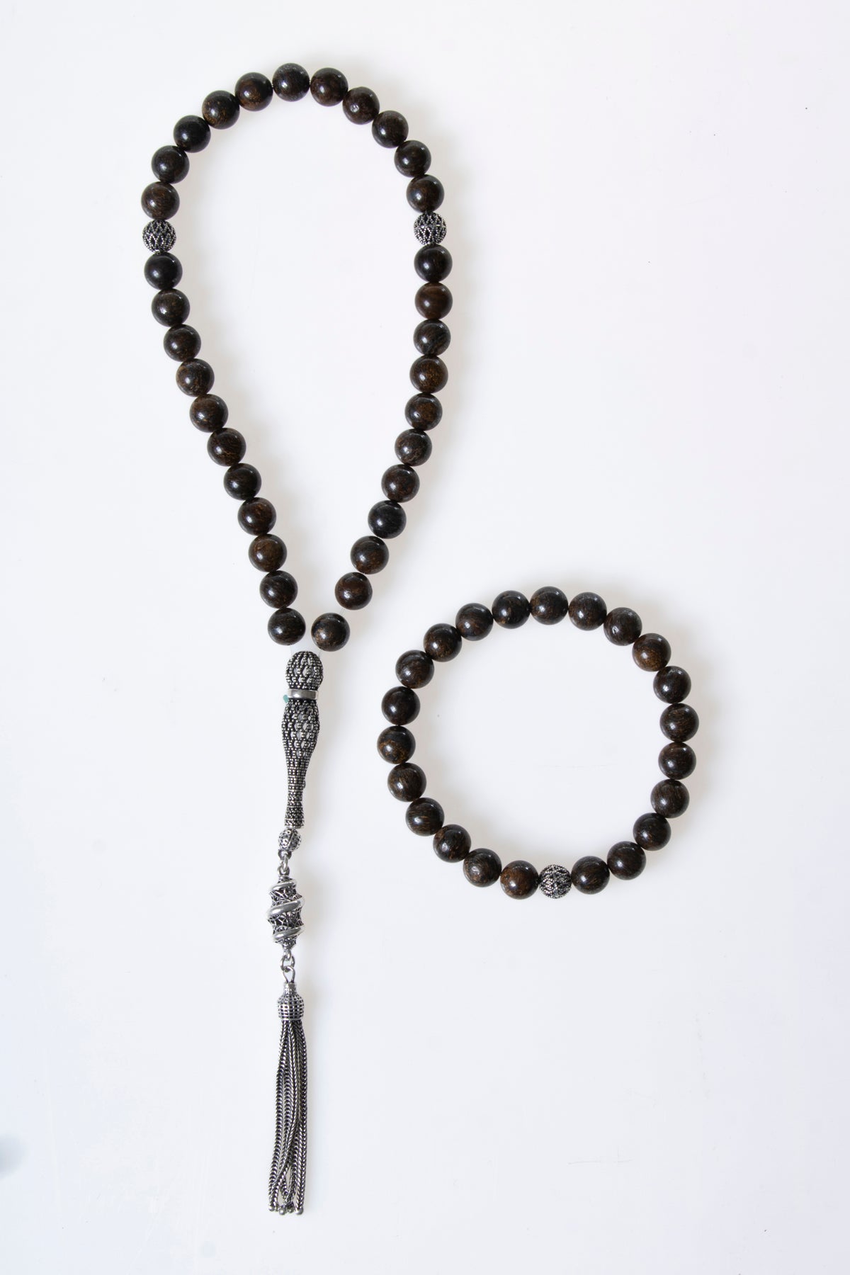 Sertifikalı Bronzit 925 Ayar Gümüş 8 mm İmameli Tesbih & Bileklik Seti