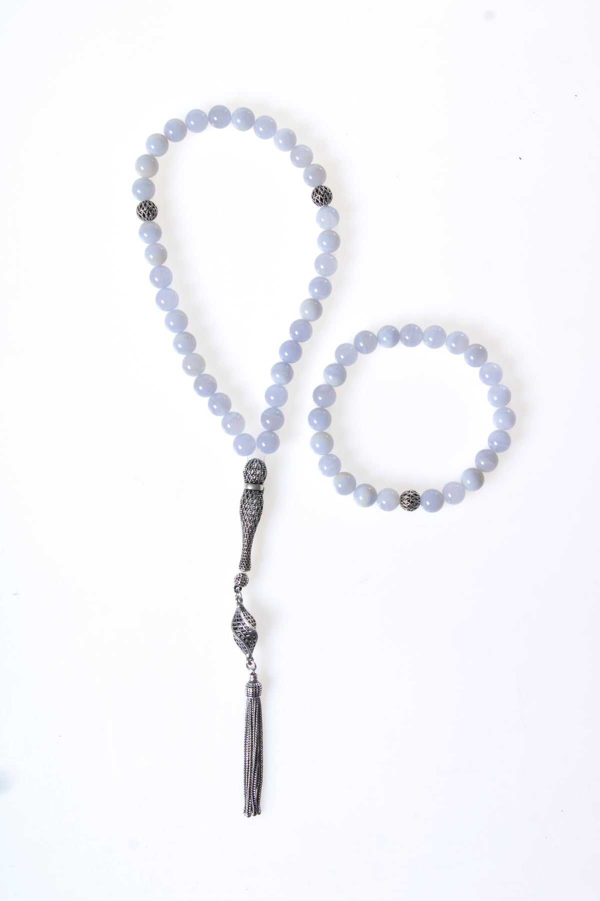 Sertifikalı Kalsedon 925 Ayar Gümüş 8 mm İmameli Tesbih & Bileklik Seti