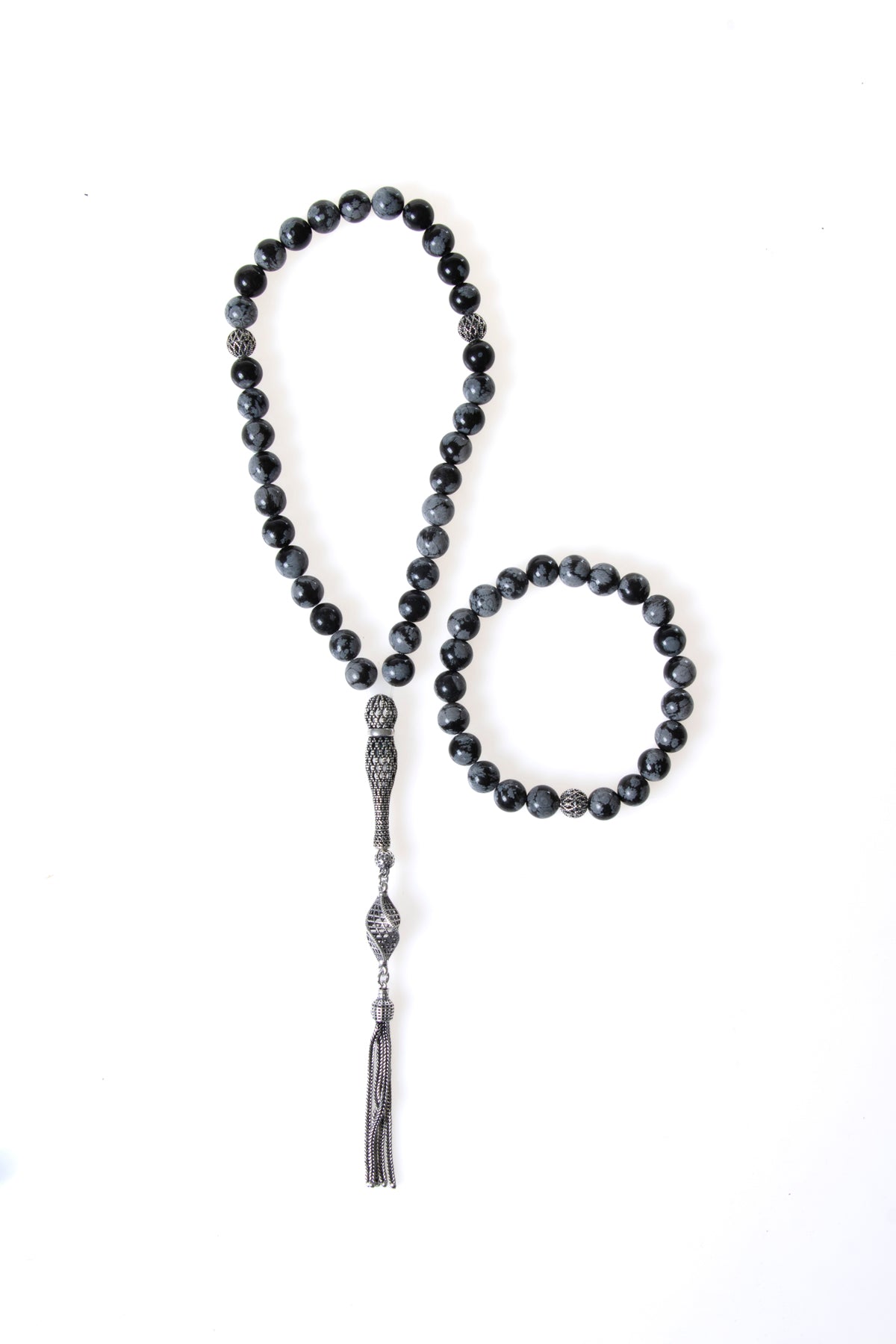 Sertifikalı Karlı Obsidyen 925 Ayar Gümüş 8 mm İmameli Tesbih & Bileklik Seti