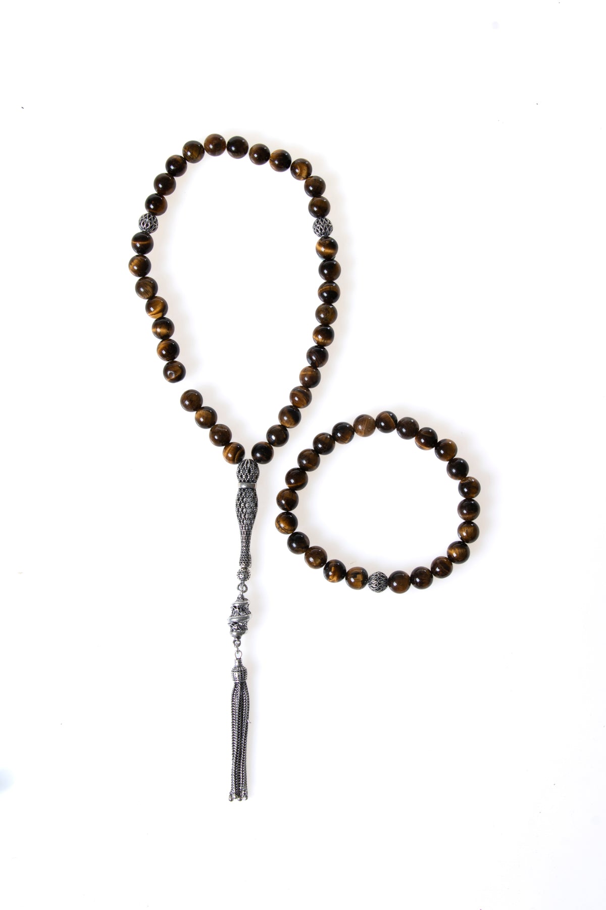 Sertifikalı Kaplan Gözü 925 Ayar Gümüş 8 mm İmameli Tesbih & Bileklik Seti