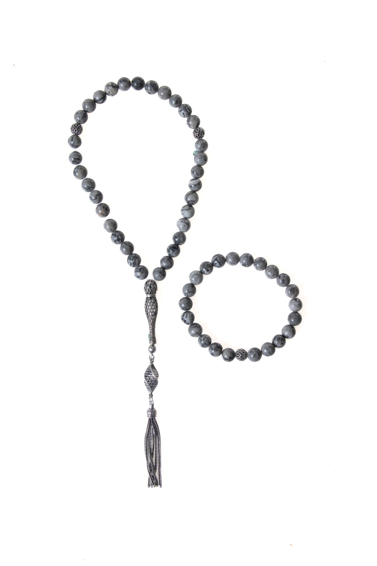 Sertifikalı Jasper 925 Ayar Gümüş 8 mm İmameli Tesbih & Bileklik Seti