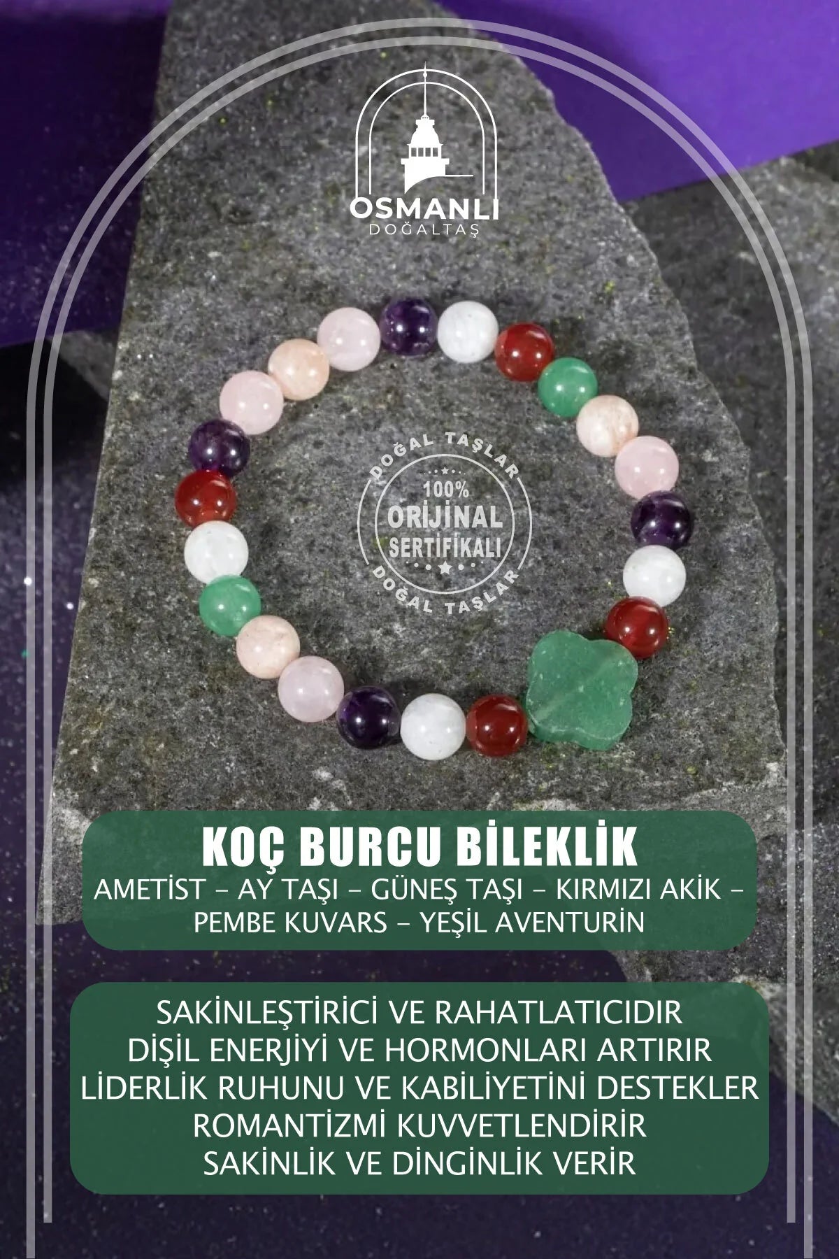 Koç Burcu Bileklik Ametist, Ay Taşı, Güneş Taşı, Kırmızı Akik, Pembe Kuvars, Yeşil Aventurin