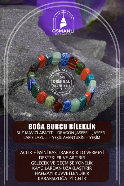 Boğa Burcu Bileklik Buz Mavizi Apatit, Dragon Jasper, Jasper, Lapis Lazuli, Yeşil Aventurin, Yeşim