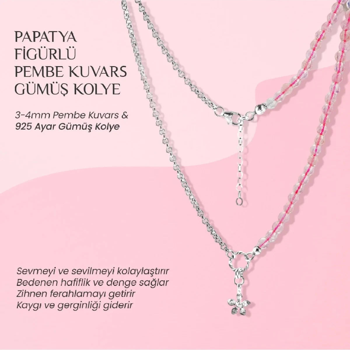 Pembe Kuvars Doğal Taş Gümüş Çiçekli Kolye - 50cm