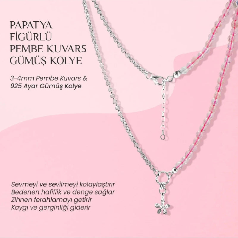 Pembe Kuvars Doğal Taş Gümüş Çiçekli Kolye - 50cm