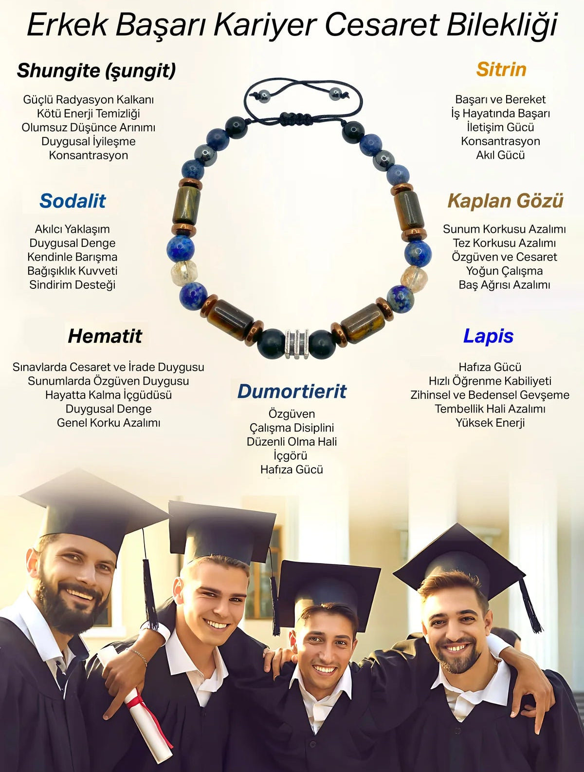 Erkek Başarı Kariyer Cesaret Bilekliği Shungite (Şungit) - Sodalit - Hematit - Lapis - Dumortierit - Kaplan Gözü - Sitrin