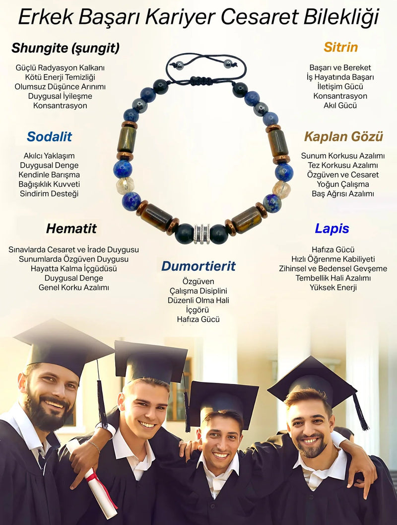Erkek Başarı Kariyer Cesaret Bilekliği Shungite (Şungit) - Sodalit - Hematit - Lapis - Dumortierit - Kaplan Gözü - Sitrin