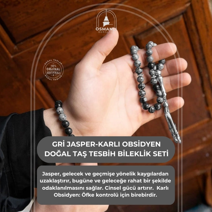 Gri Jasper-Karlı Obsidyen Doğal Taş Tesbih Bileklik Seti