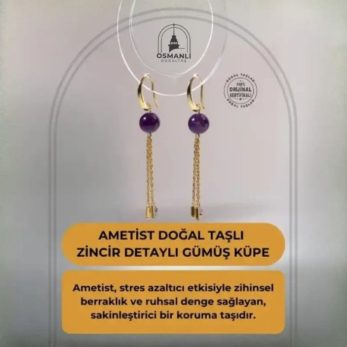 Sertifikalı Ametist Doğal Taşlı Zincir Detaylı Gümüş Küpe