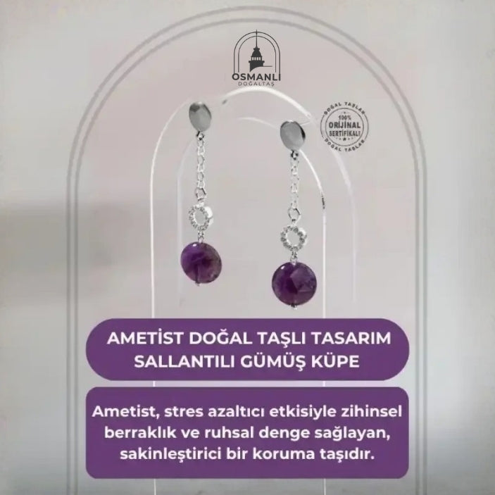 Sertifikalı Ametist Doğal Taşlı Tasarım Sallantılı Gümüş Küpe