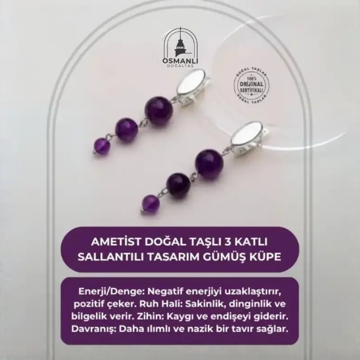 Sertifikalı Ametist Doğal Taşlı 3 Katlı Sallantılı Tasarım Gümüş Küpe