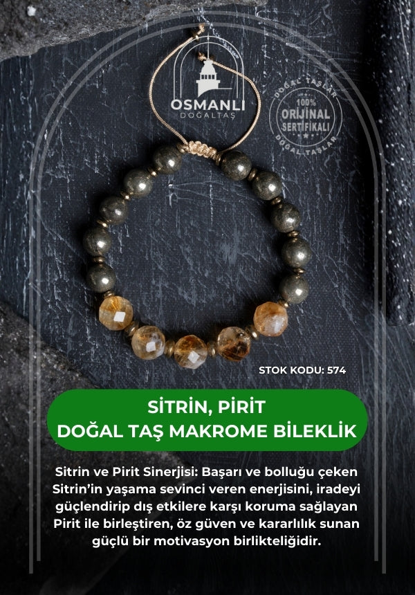 Sertifikalı Sitrin, Pirit Doğal Taş Makrome Bileklik (SK:574)