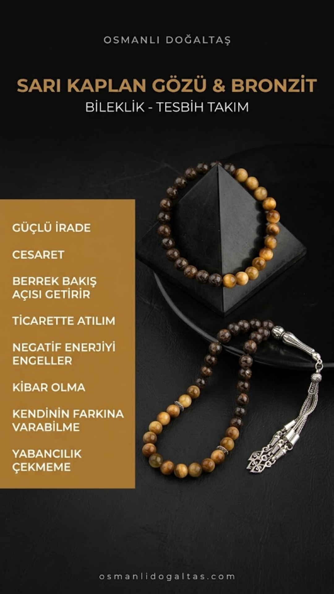 Sarı Kaplan Gözü-Bronzit Doğal Taş Tesbih Bileklik Seti