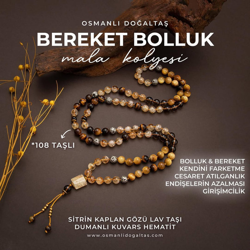 Kaplan Gözü-Sitrin-Lav Taşı Doğal Taş 108 Niyet Taşı Mala Kolyesi