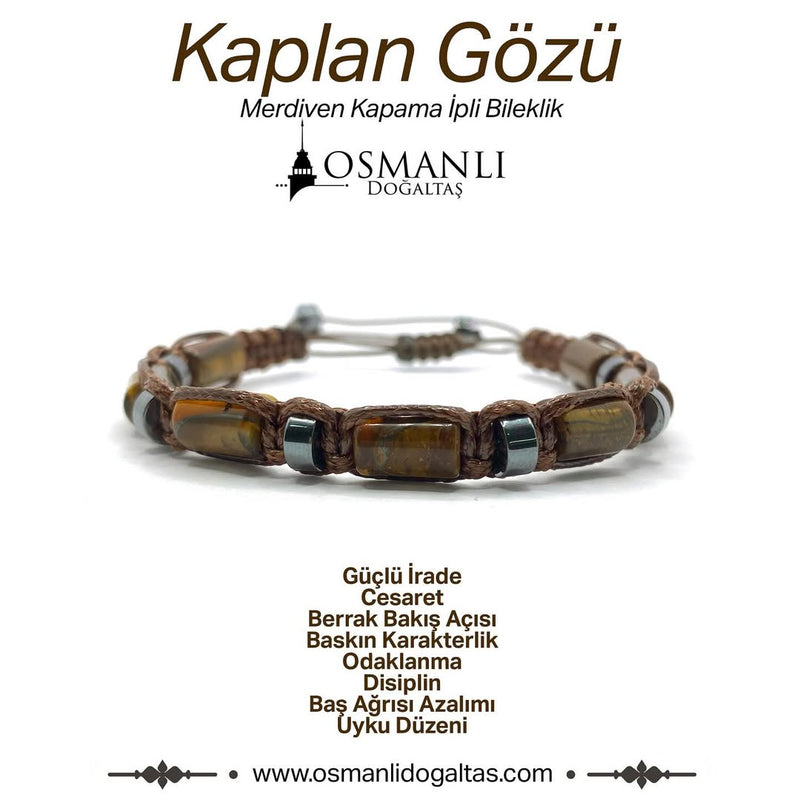 Sertifikalı Hakiki Orijinal Kaplan Gözü - Hematit  Doğal Taş İpli Bileklik (Köşeli Makrome Model)