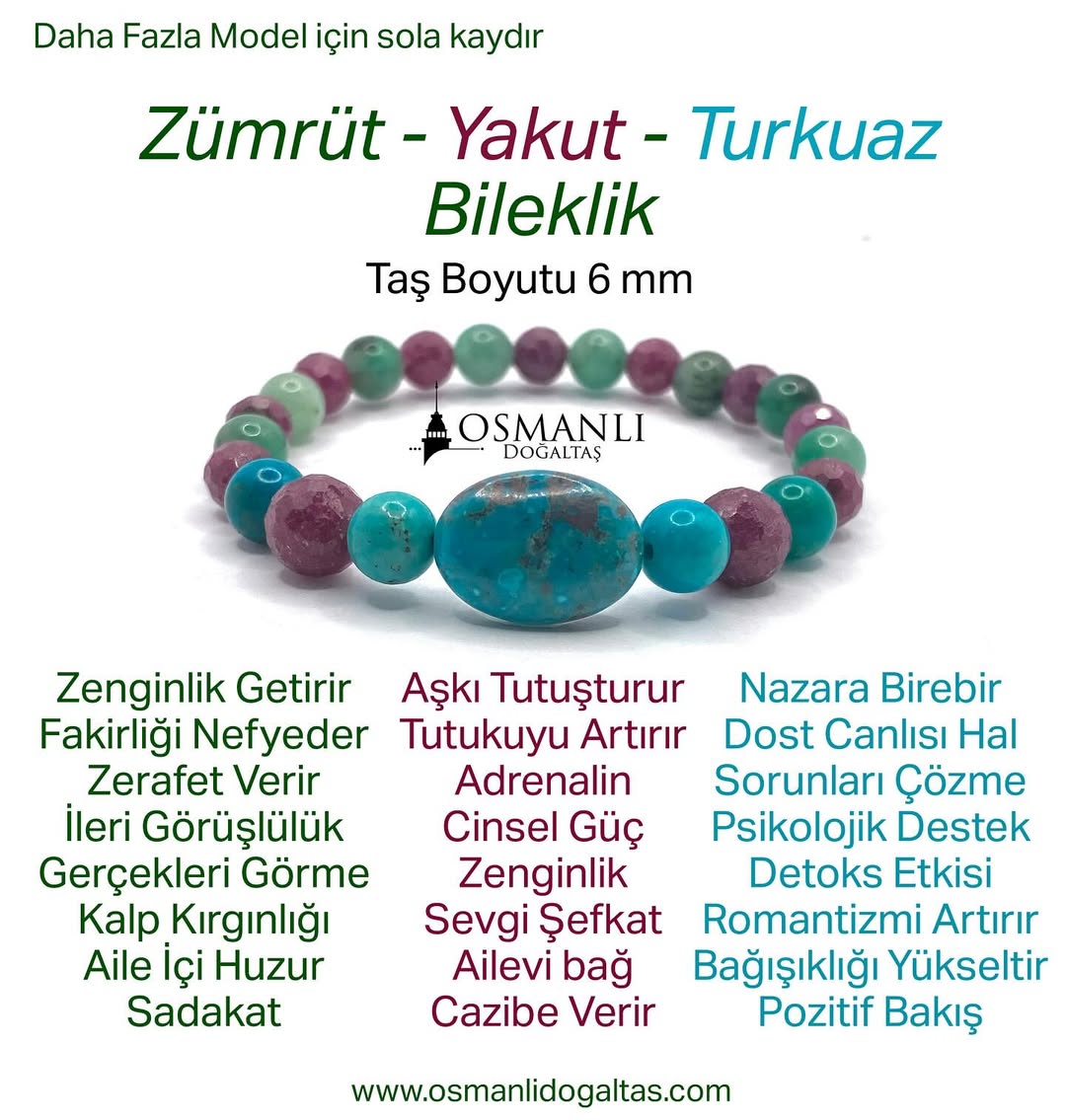 Hakiki Doğal Sertifikalı Zümrüt - Yakut - Turkuaz (Firuze) Doğal Taş Misinalı Bileklik Fasetli 6mm