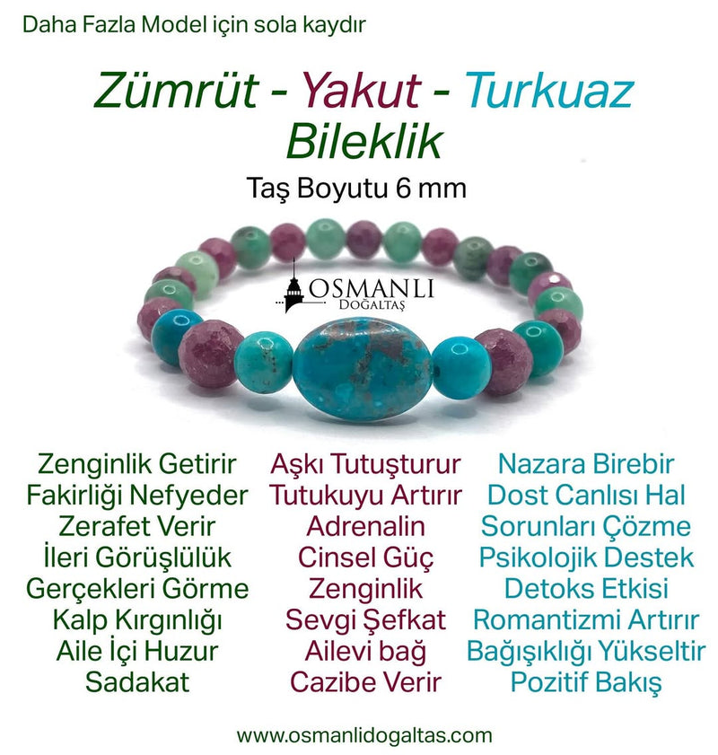 Hakiki Doğal Sertifikalı Zümrüt - Yakut - Turkuaz (Firuze) Doğal Taş Misinalı Bileklik Fasetli 6mm