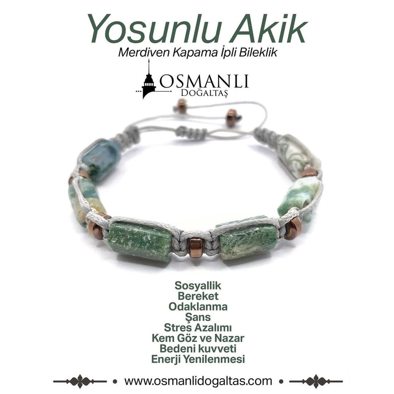 Sertifikalı Hakiki Orijinal Yosunlu Akik - Hematit  Doğal Taş İpli Bileklik (Köşeli Makrome Model)