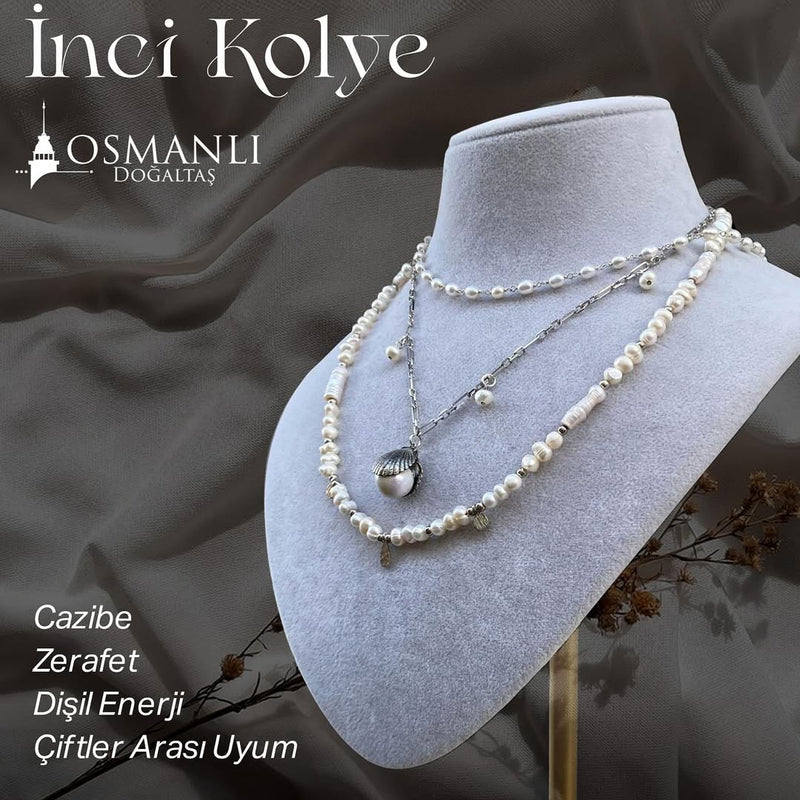Sevgililer Gününe Özel İnci Doğal Taş 925 Ayar Gümüş Kolye Seti Üçlü Kolye