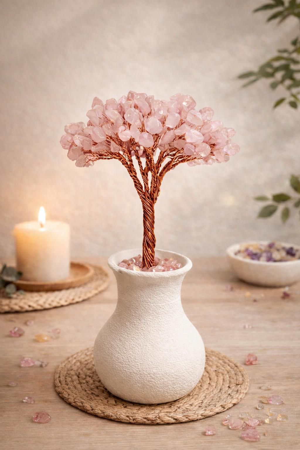 Pembe Kuvars Ağaç Alçı Görünümlü Saksı