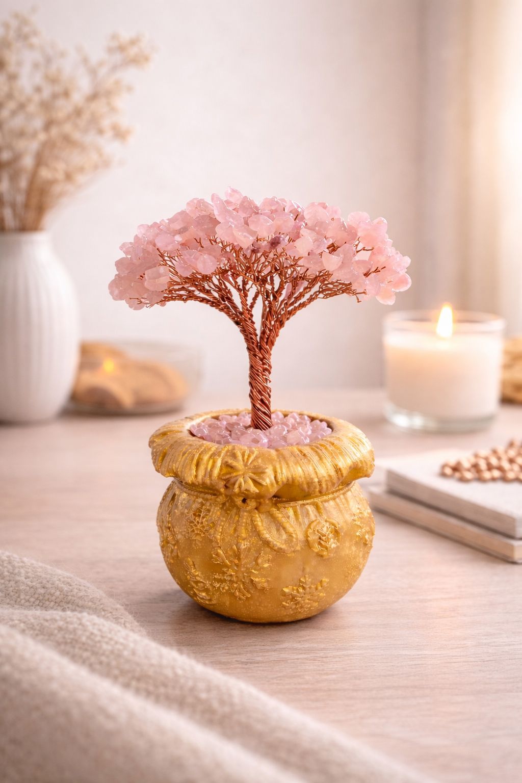Pembe Kuvars Hayat Ağacı Altın Renkli Taban