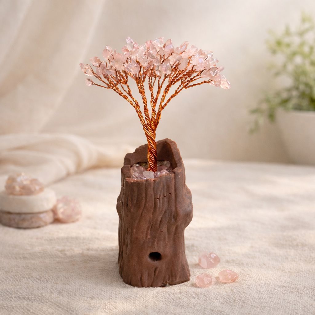 Pembe Kuvars Ağaç Kütük Görünümlü Saksı