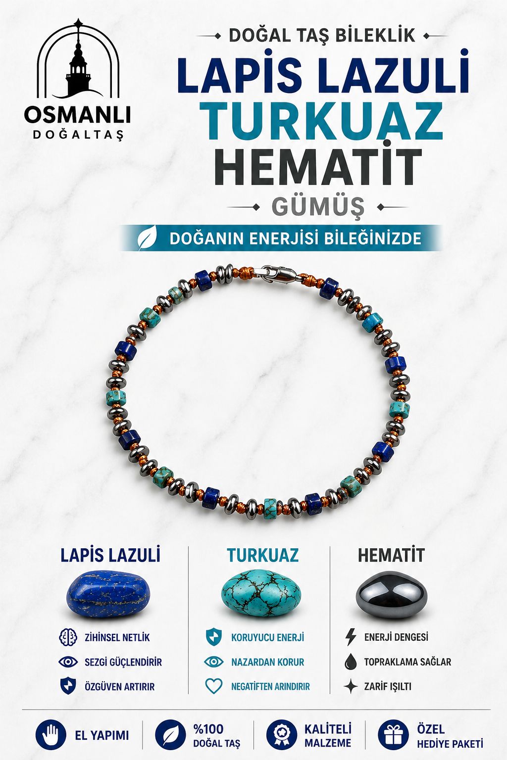 Lapis Lazuli Turkuaz Hematit Gümüş Bileklik